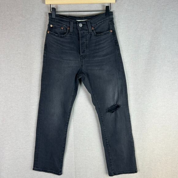 Levis Womens Wedgie Straight Leg Black Jeans Size 27 Button Fly Distressed Denim - Picture 1 of 14